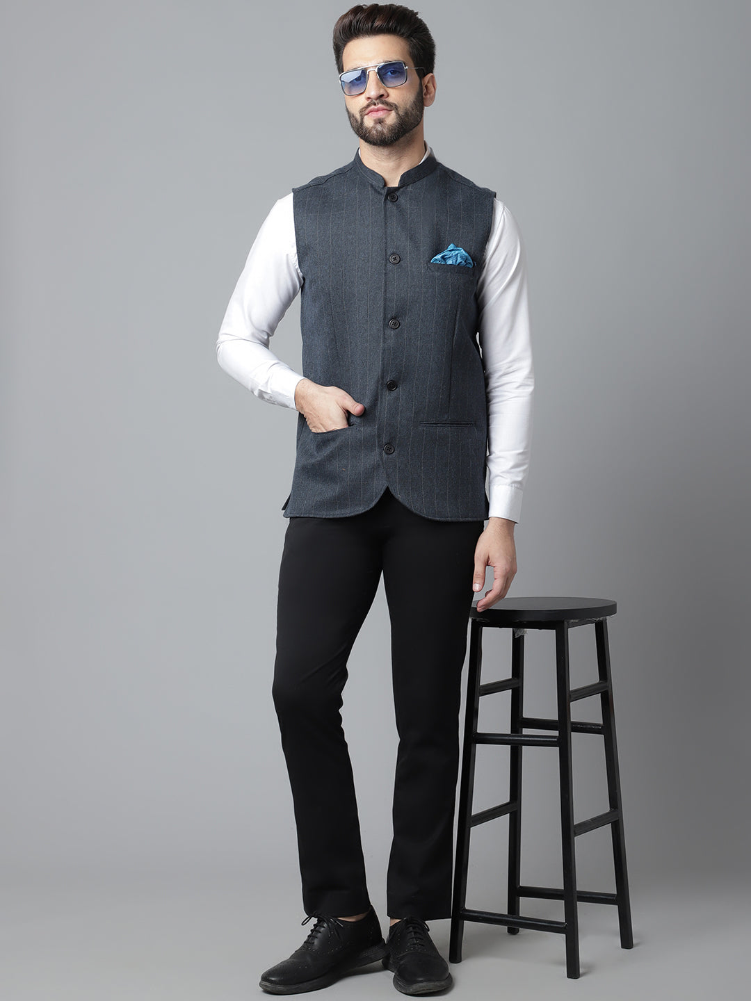 Even Apparels Men's Blue Nehru Jacket With Welt Pockets - Distacart
