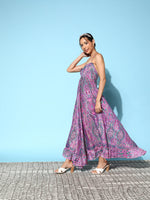 Thumbnail for InWeave Women's Pink Paisley Print Back Detail Long Dress - Distacart