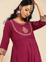 Thumbnail for Varanga Women Magenta Embroidered Round Neck Kurta - Distacart
