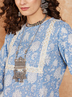 Thumbnail for InWeave Women's Blue White Floral Square Lace Work Straight Kurta - Distacart