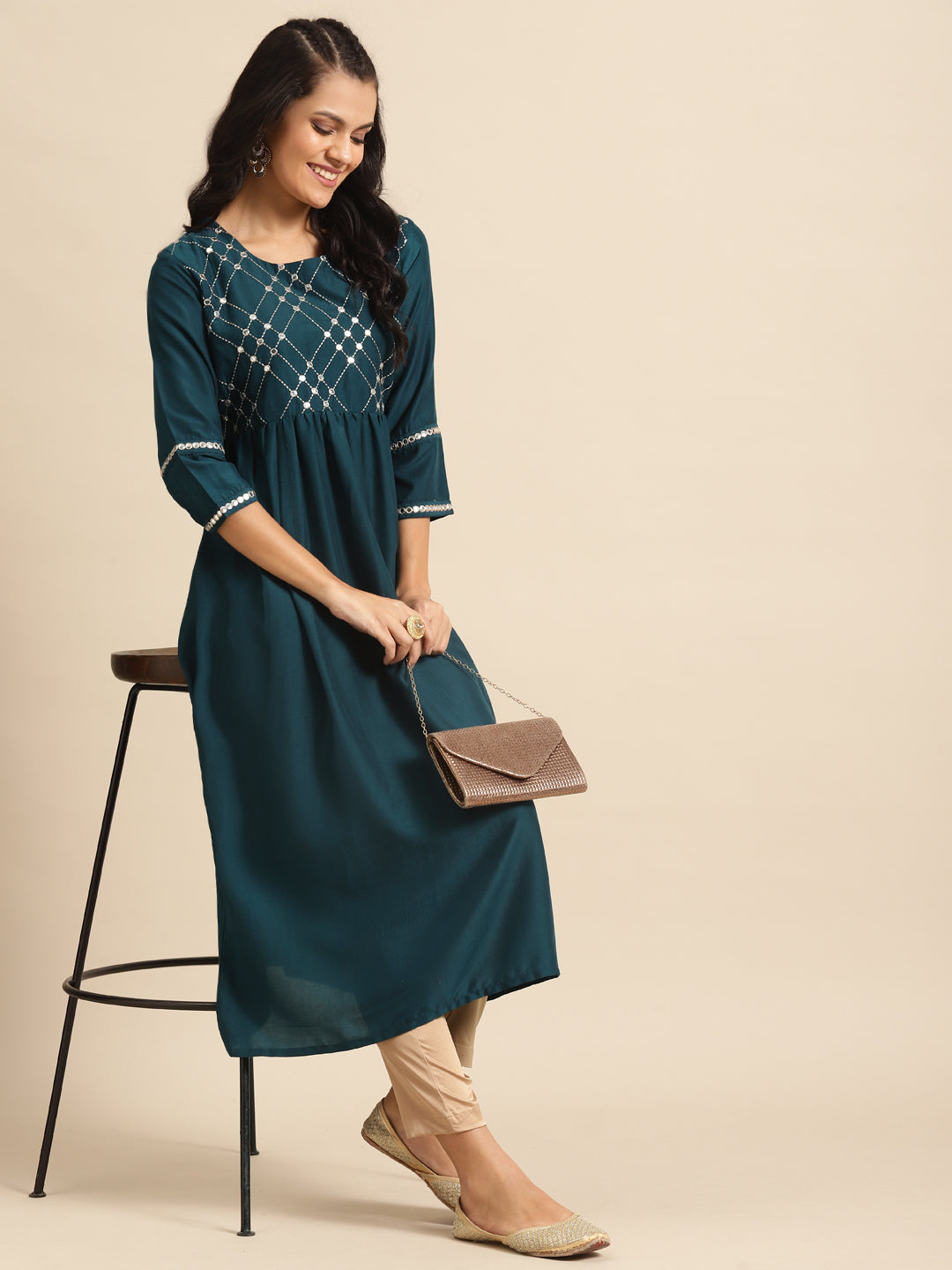 Varanga Teal And Gold Mirror Work Embroidery Kurta With 3/4Th Mirror Work Sleeves - Distacart