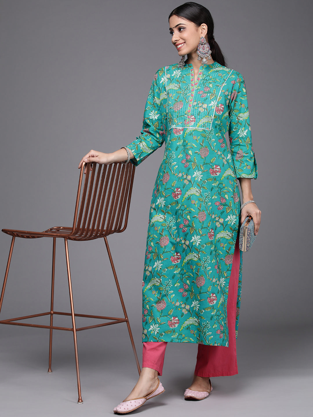 Varanga Women Turq Printed Cotton Kurta With Silver Gotta Lace Detailings - Distacart