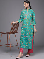 Thumbnail for Varanga Women Turq Printed Cotton Kurta With Silver Gotta Lace Detailings - Distacart
