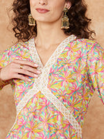 Thumbnail for InWeave Women's Multi Floral Painted Alia Lace Work Straight Kurta - Distacart