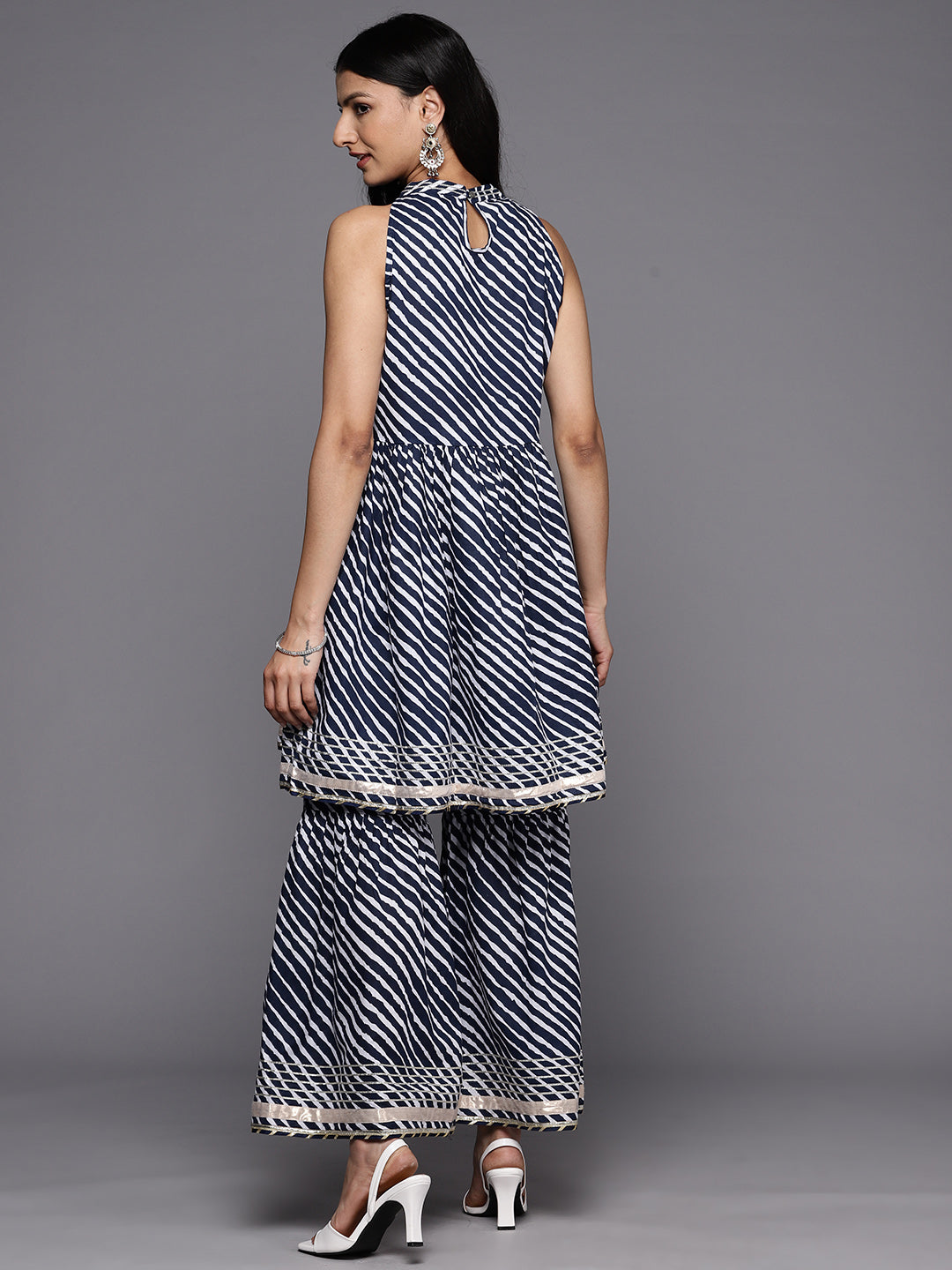 KSUT (House of Varanga) Blue And White Leheriya Halter Neckline Gota Work Kurta With Sharara - Distacart
