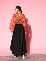 Thumbnail for InWeave Women's Black Strappy Set With Pink Mustard Floral Short Organza Cape - Distacart