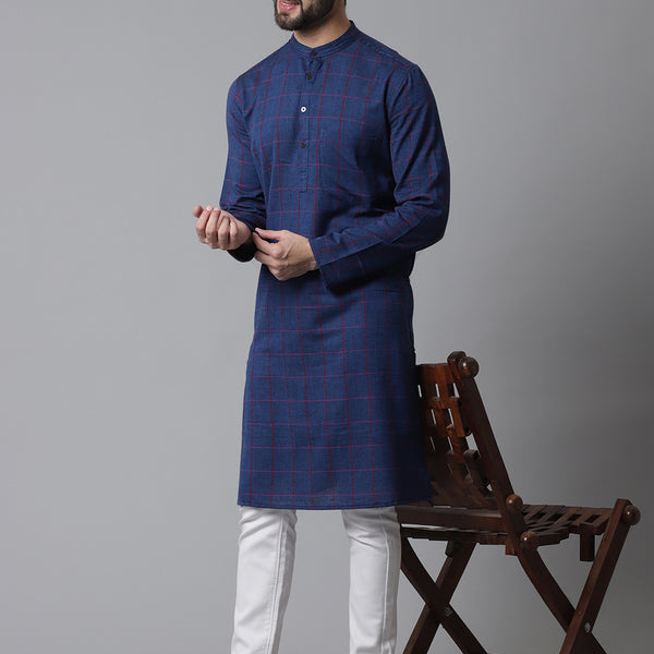 Even Apparels Blue Long Kurta With Band Collar - Distacart