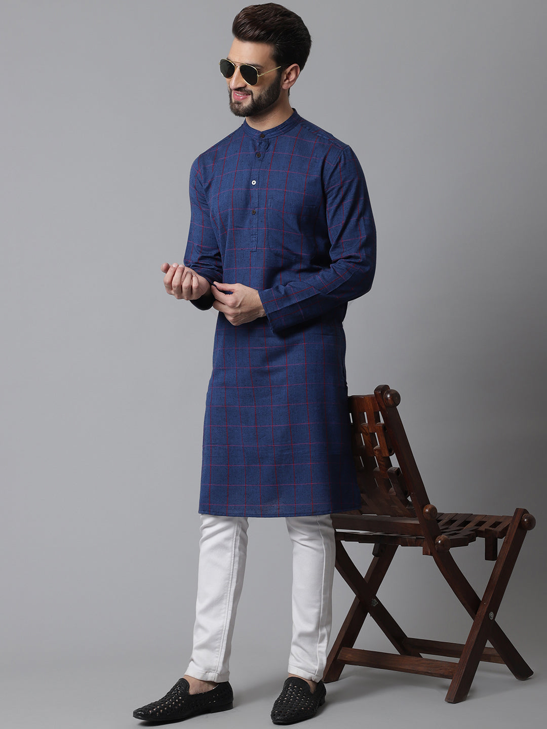 Even Apparels Blue Long Kurta With Band Collar - Distacart