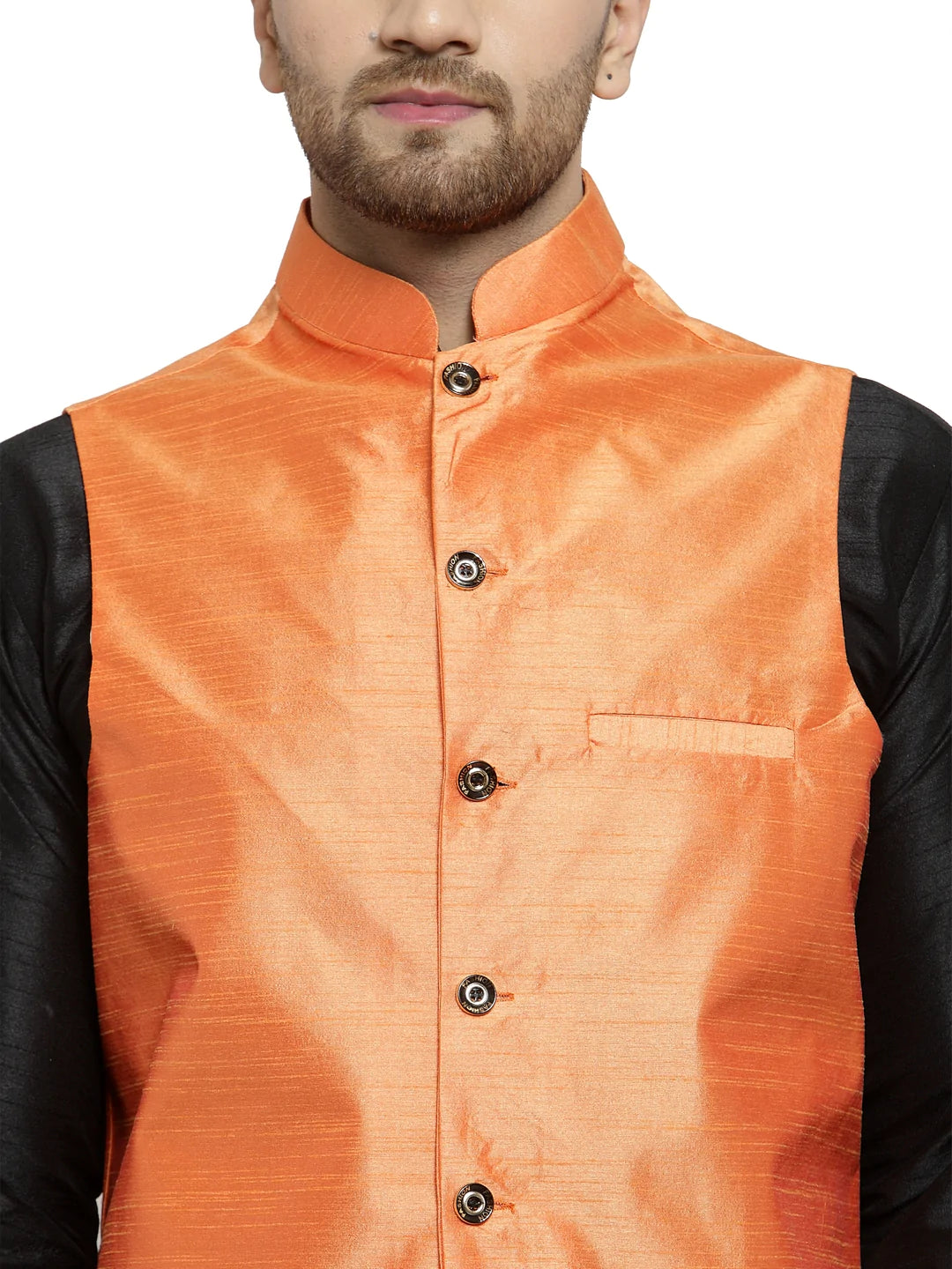 Kalyum Men's Silk Blend Black Kurta With Pyjama & Orange Nehru Jacket - Distacart