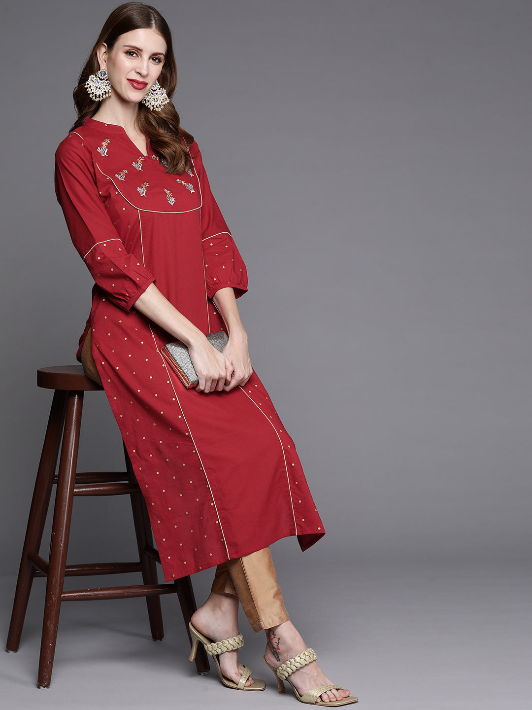 Varanga Women Maroon Straight Kurta With Gold Print And Embroidered Yoke - Distacart