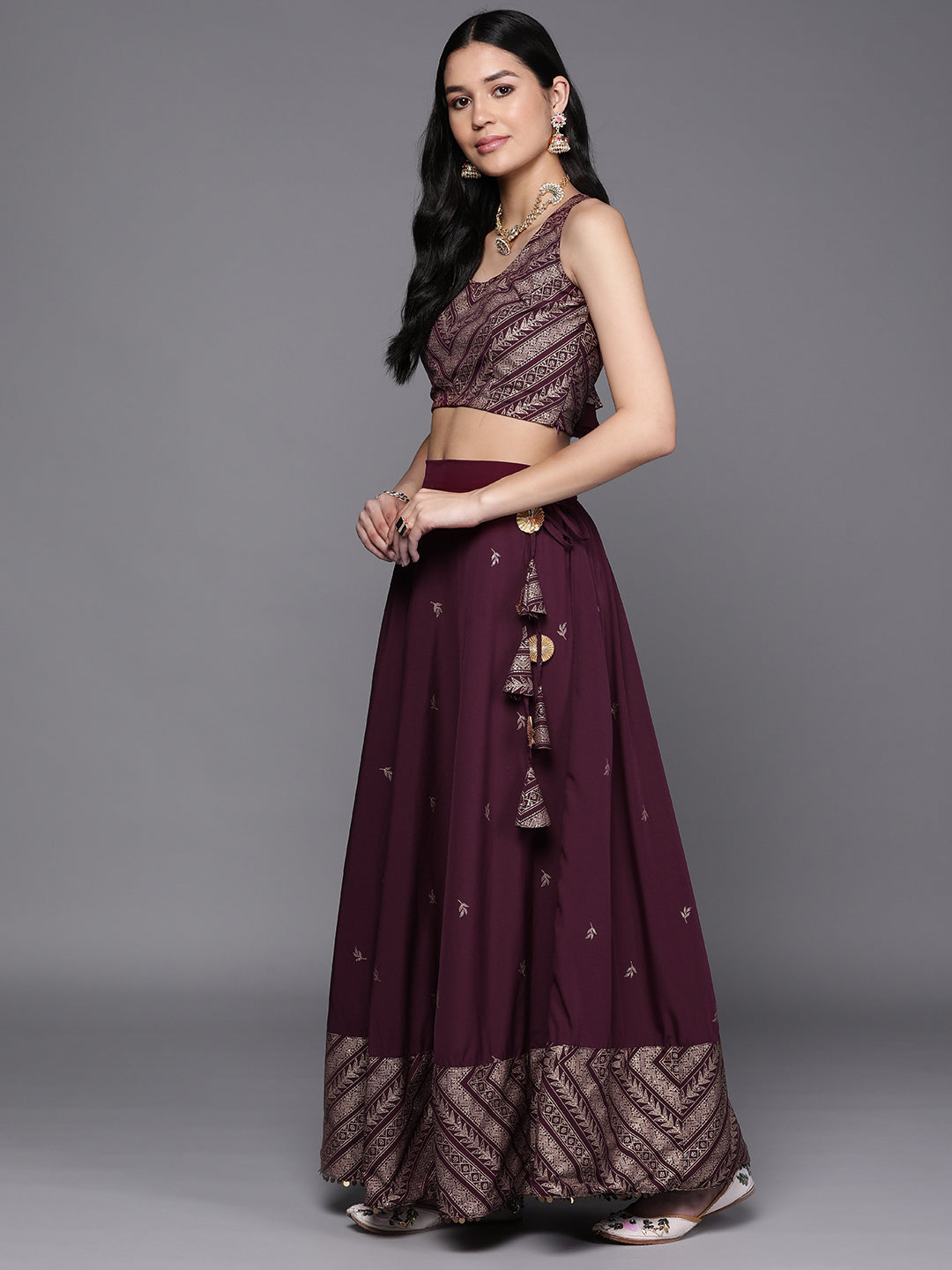 Ahalyaa Purple & Gold-Toned Printed Sequinned Foil Print Ready to Wear Lehenga & Blouse With Dupatta - Distacart