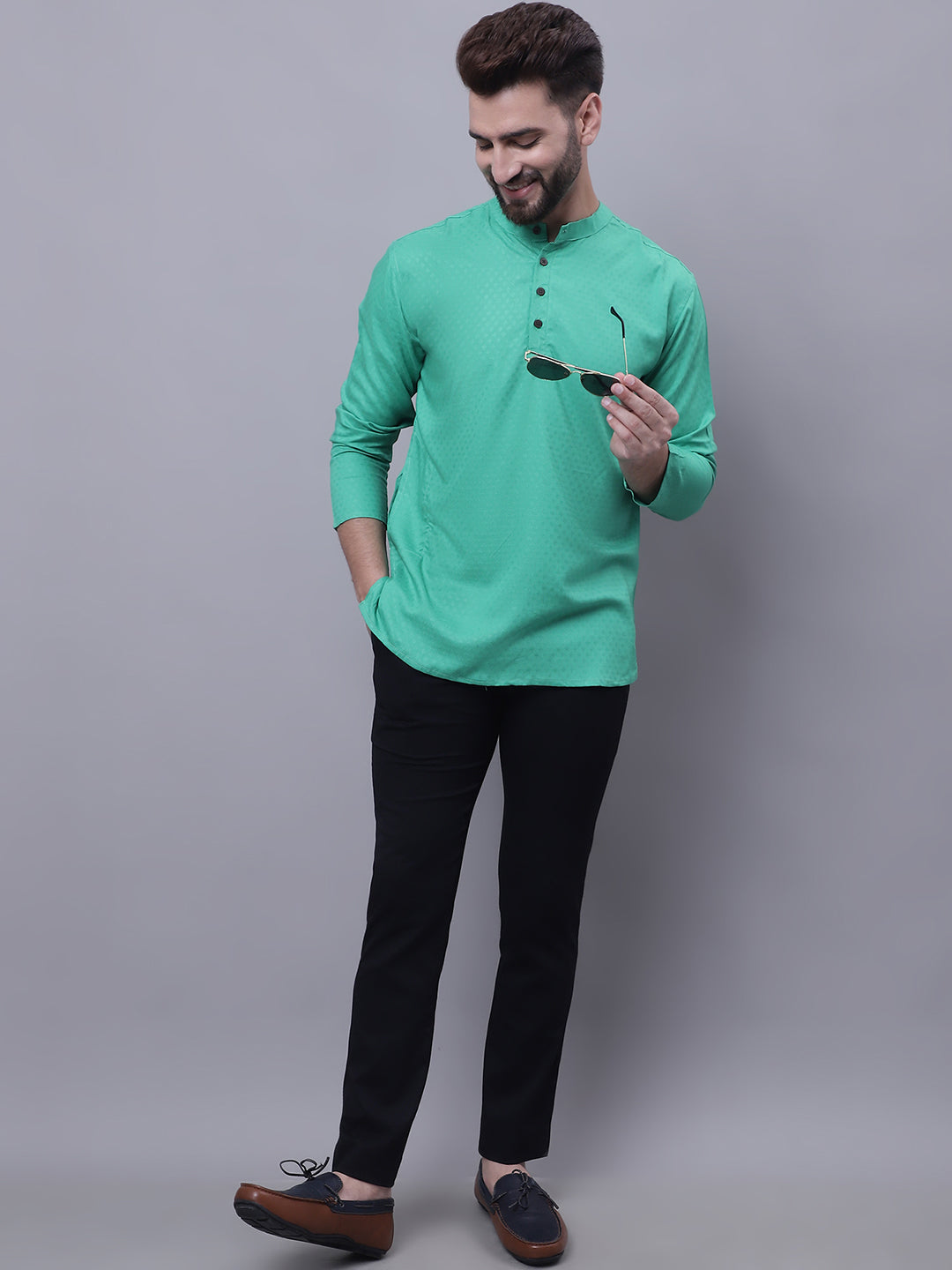 Even Apparels Green Pure Cotton Short Kurta With Band Collar - Distacart