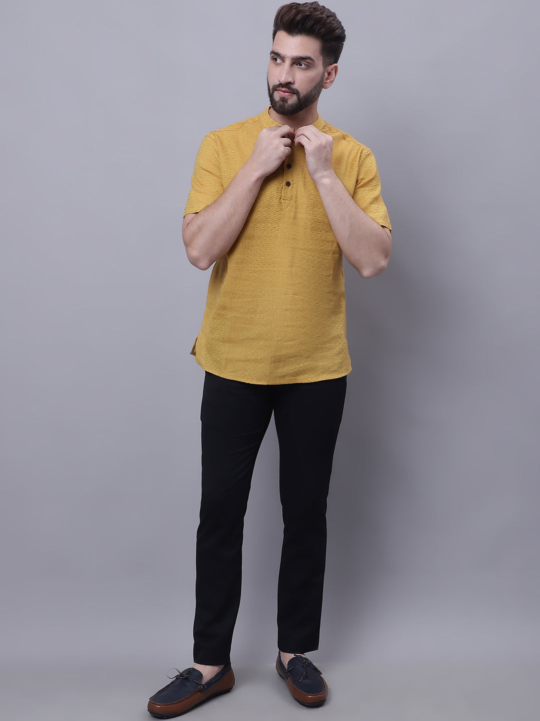 Even Apparels Yellow Pure Cotton Short Sleeves Kurta With Band Collar - Distacart