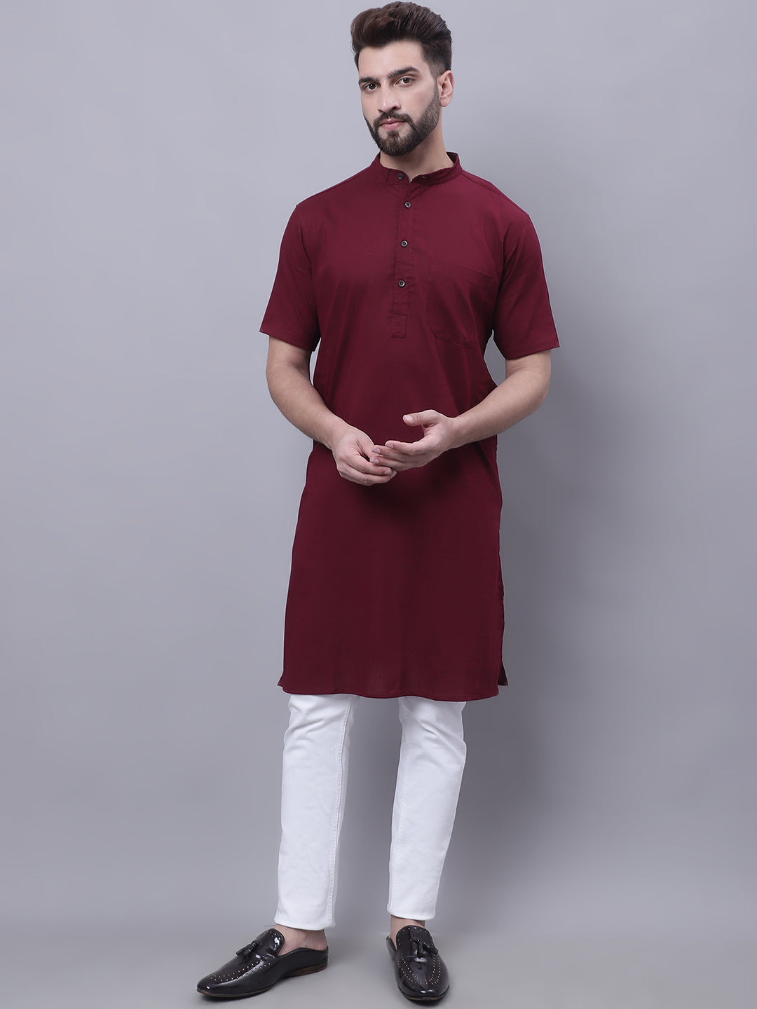 Even Apparels Red Pure Cotton Short Sleeves Kurta With Band Collar - Distacart