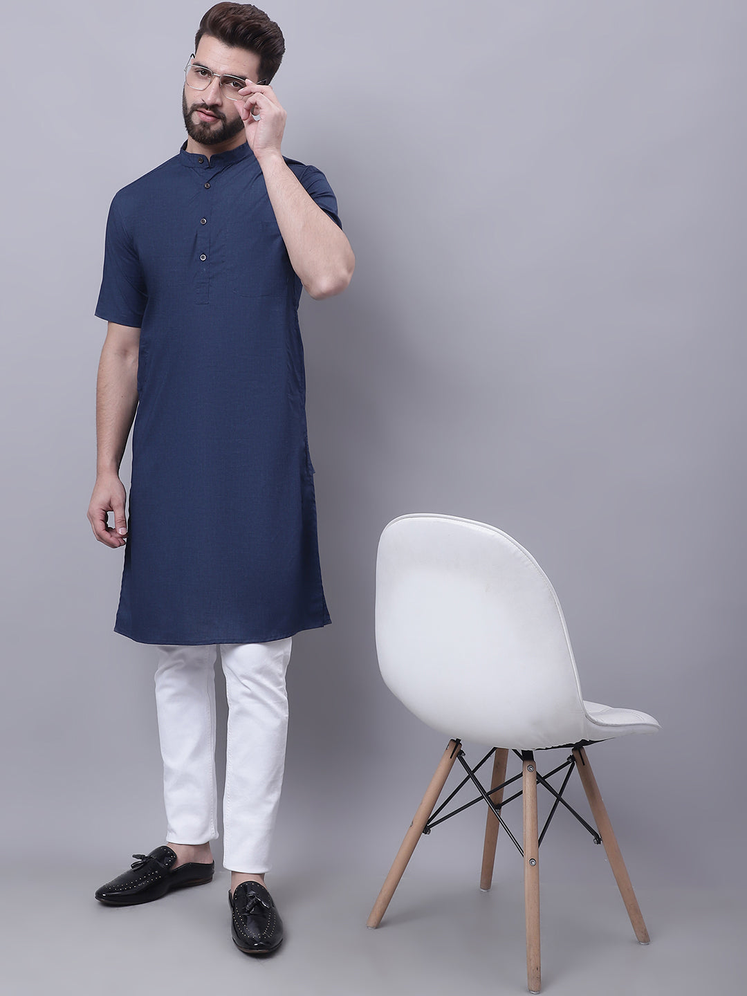 Even Apparels Blue Pure Cotton Short Sleeves Kurta With Band Collar - Distacart