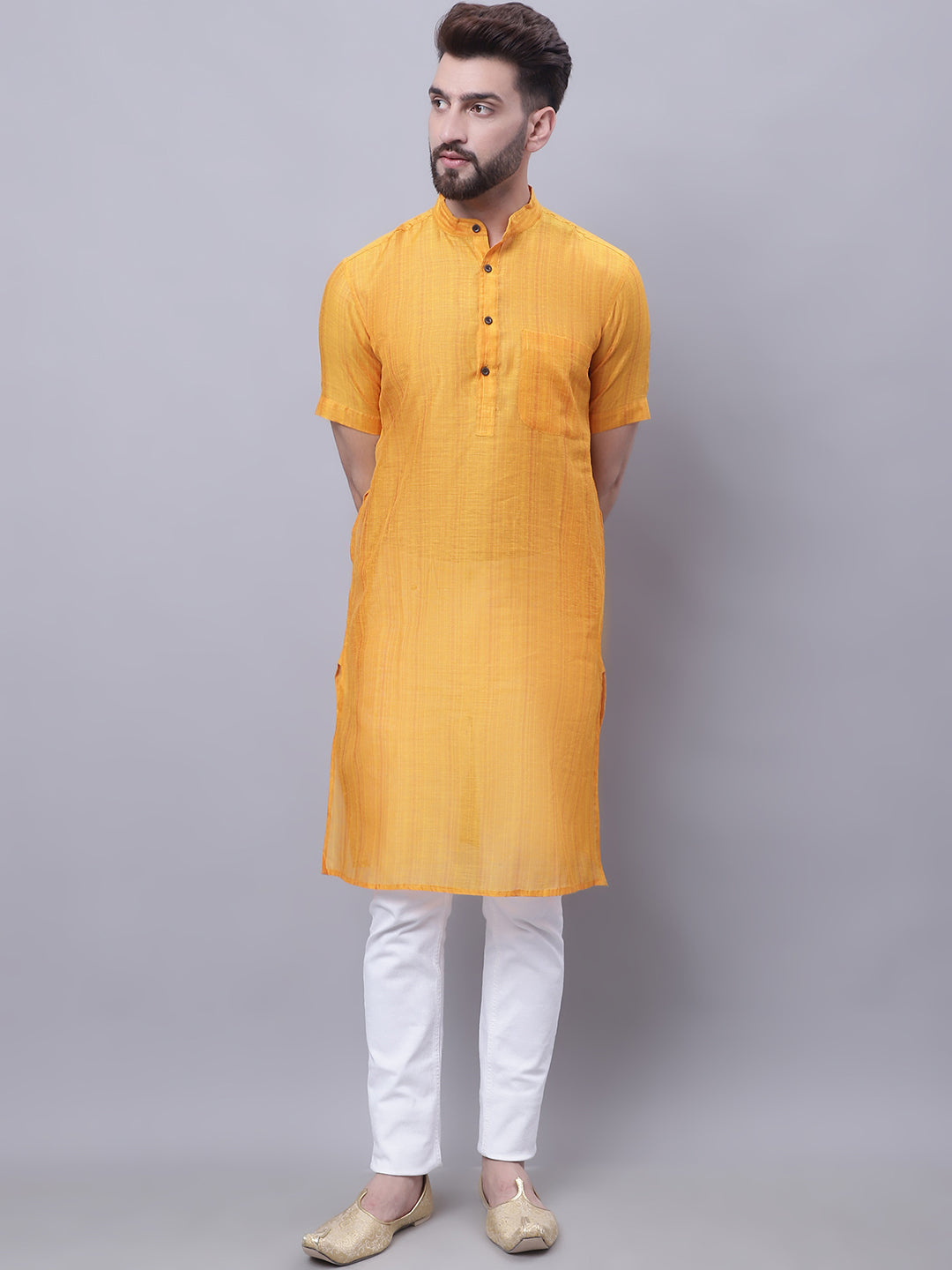 Even Apparels Yellow Pure Cotton Short Sleeves Kurta With Band Collar - Distacart