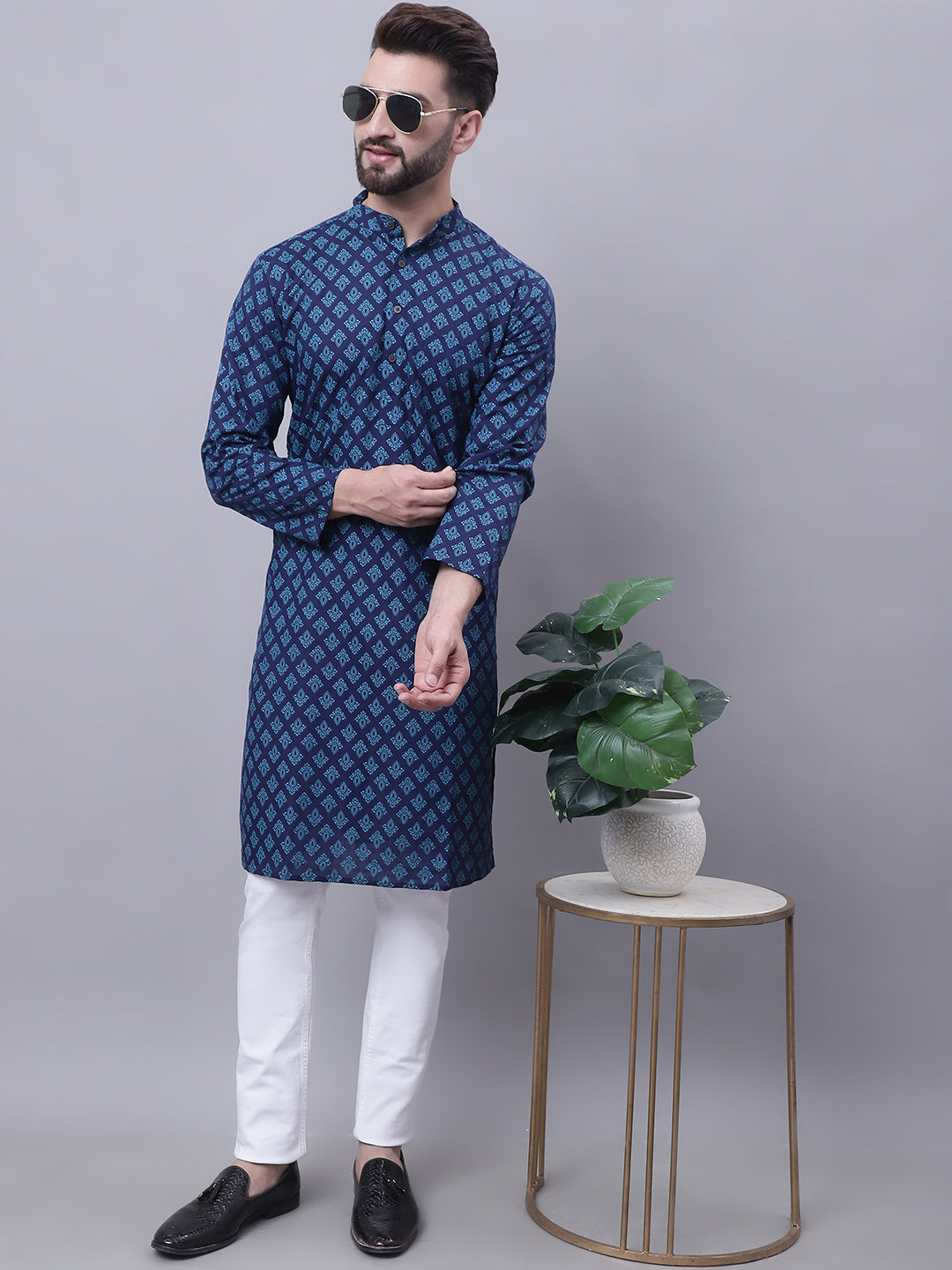 Even Apparels Blue Pure Cotton Kurta With Band Collar - Distacart