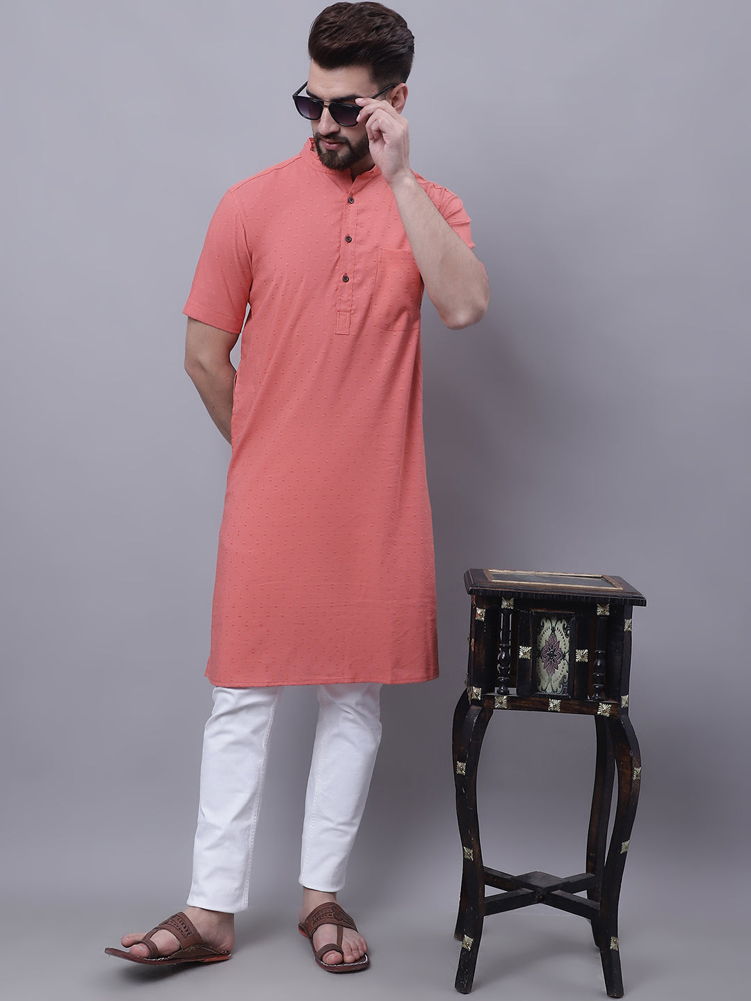 Even Apparels Peach Pure Cotton Short Sleeves Kurta With Band Collar - Distacart