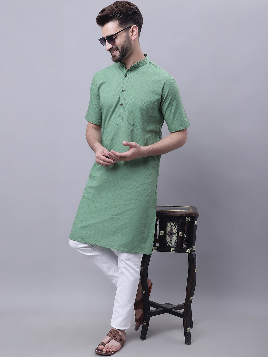 Even Apparels Green Pure Cotton Short Sleeves Kurta With Band Collar - Distacart