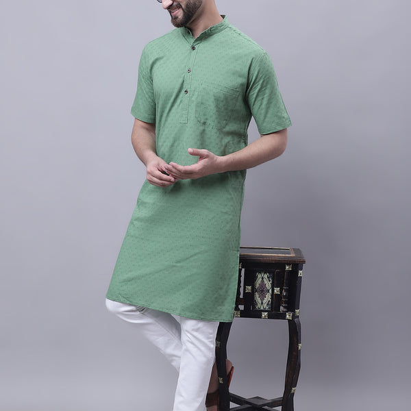 Even Apparels Green Pure Cotton Short Sleeves Kurta With Band Collar - Distacart