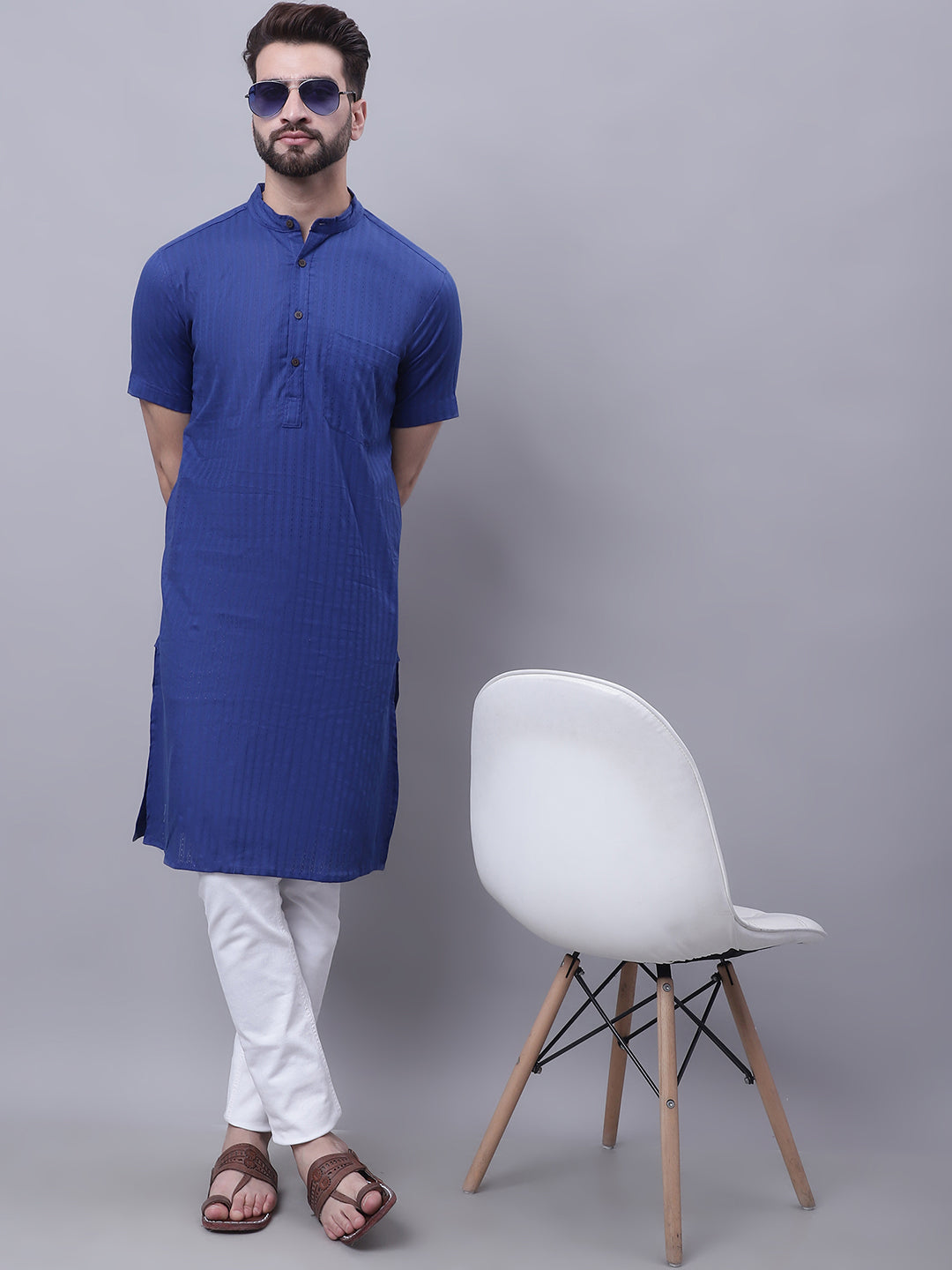 Even Apparels Blue Pure Cotton Short Sleeves Kurta With Band Collar - Distacart