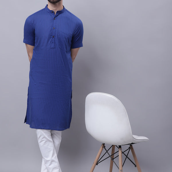 Even Apparels Blue Pure Cotton Short Sleeves Kurta With Band Collar - Distacart