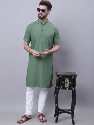 Even Apparels Green Pure Cotton Short Sleeves Kurta With Band Collar - Distacart