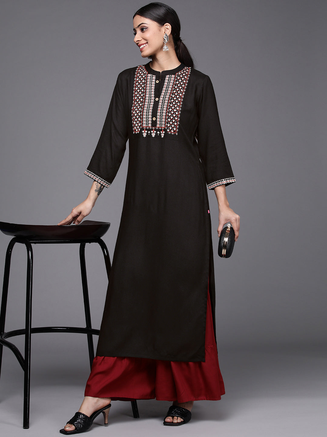 Varanga Women Black & Off White Ethnic Motifs Embroidered Yoke Design Kurta - Distacart