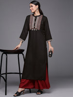 Thumbnail for Varanga Women Black & Off White Ethnic Motifs Embroidered Yoke Design Kurta - Distacart