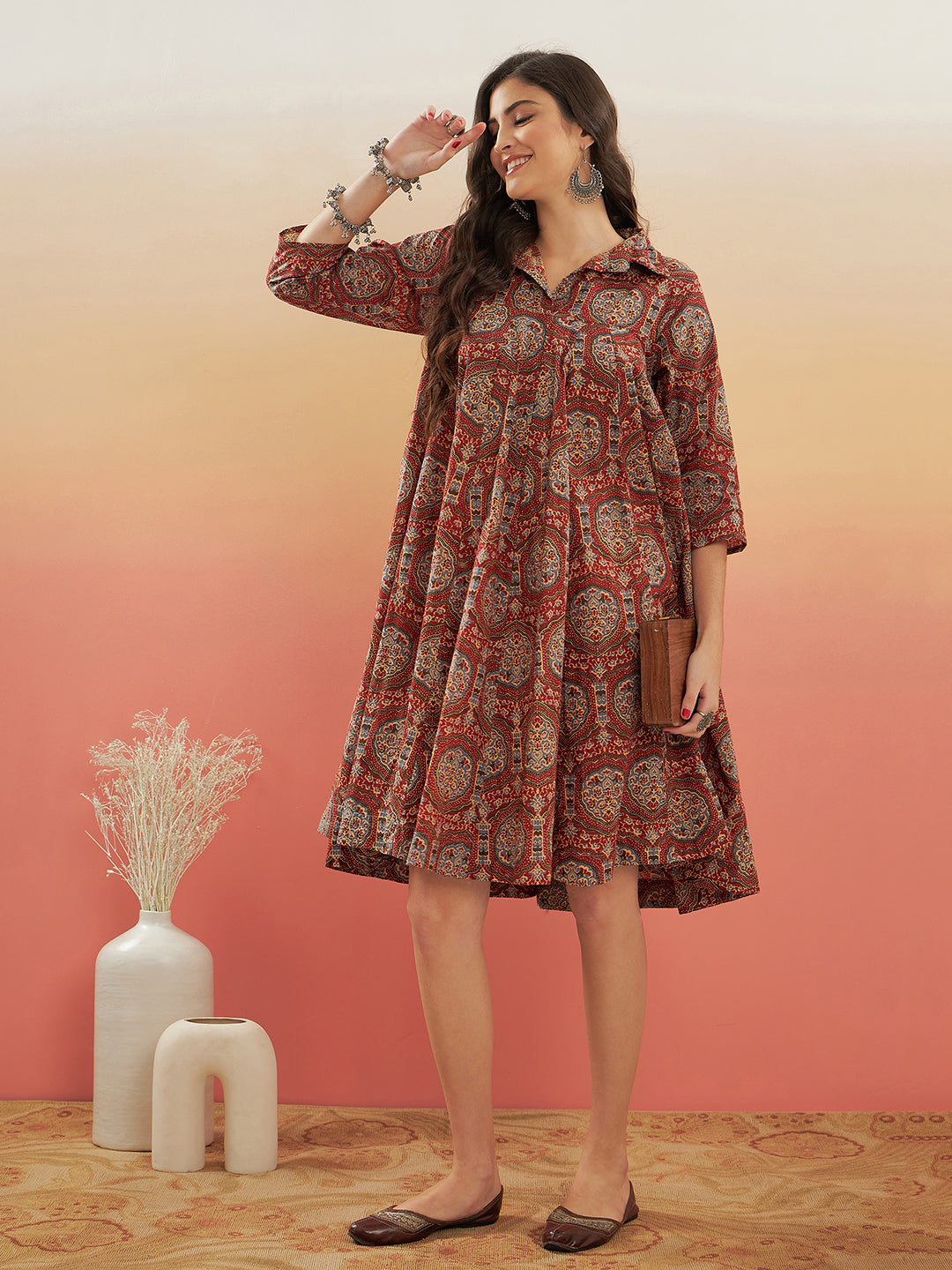 InWeave Women's Maroon Mughal Kalamkari Flared Dress - Distacart