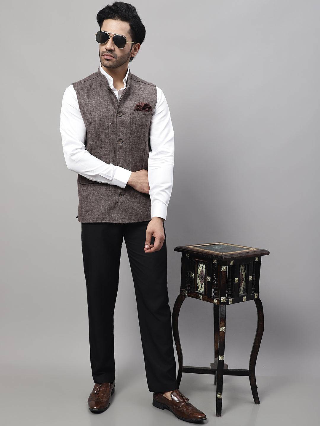 Even Apparels Men's Brown Nehru Jacket With Welt Pockets - Distacart