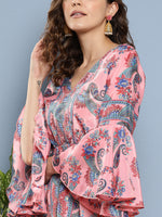 Thumbnail for InWeave Women's Pink Floral Blue Bell Sleeve Dress - Distacart
