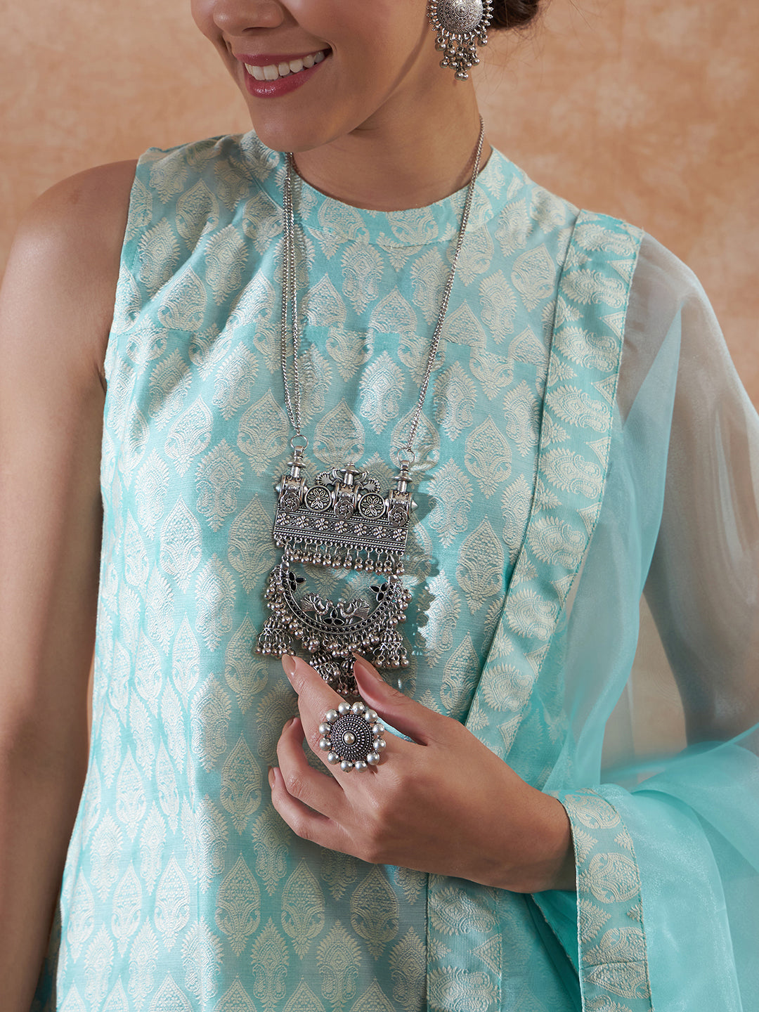 InWeave Women's Powder Blue Jacquard Halter Kurta Set W Powder Blue Or Dupatta - Distacart