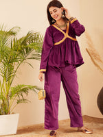 Thumbnail for InWeave Women's Wine Mughal Shaan Style Velvet Short Kurta Set - Distacart