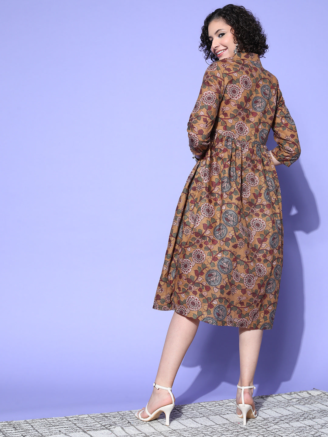 InWeave Women's Ochre Mustard Kalamkari Print Dress - Distacart