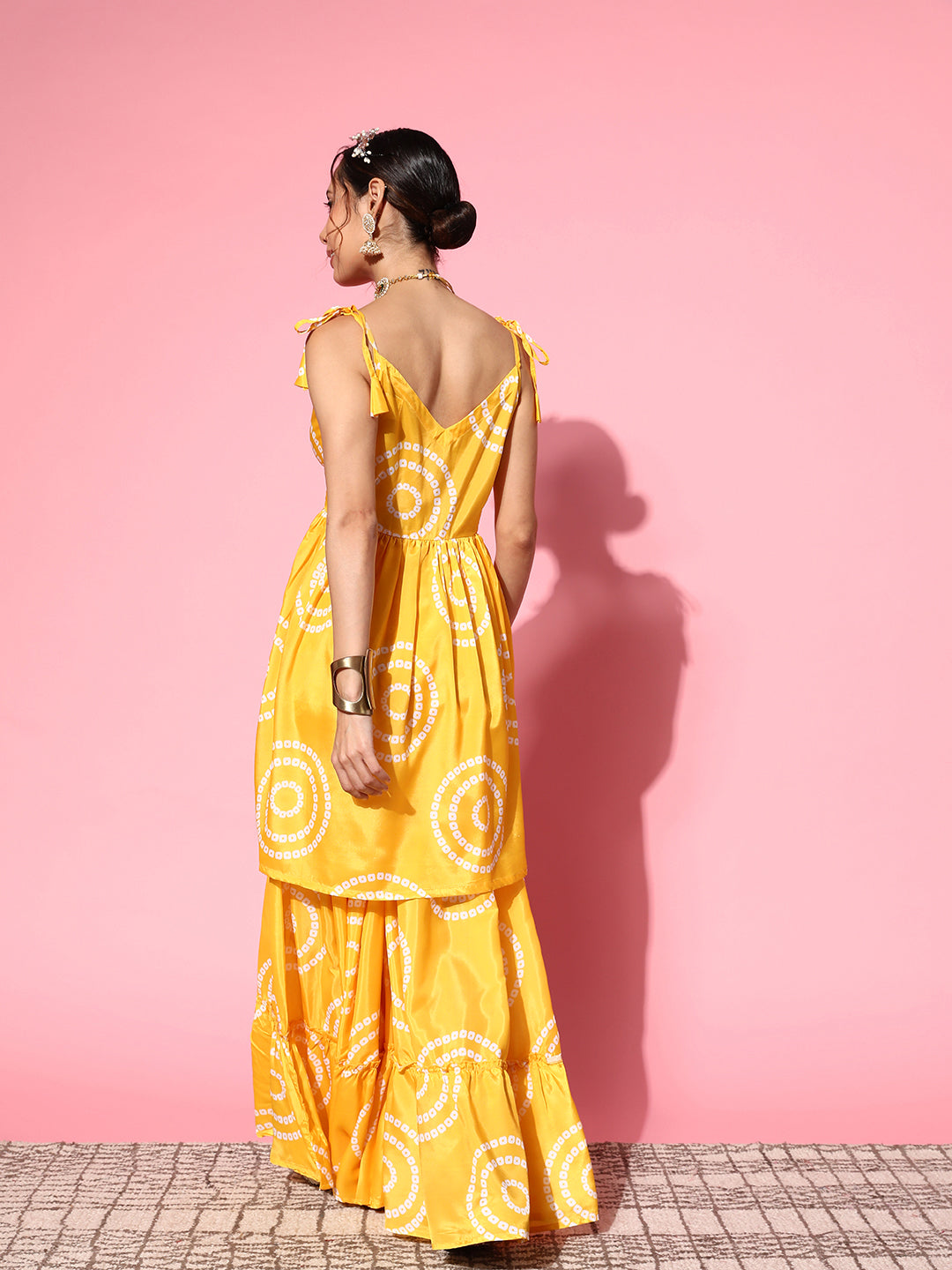 InWeave Women's Yellow Bandhani Motif Shoulder Tie Up Kurta Set - Distacart