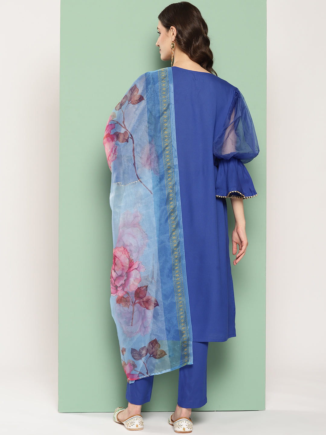 InWeave Women's Ink Blue Organza Sleeve Kurta Set W Blue Fuchsia Or Dupatta - Distacart