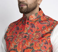 Thumbnail for Kalyum Men's Orange & Multi Printed Nehru Jacket - Distacart
