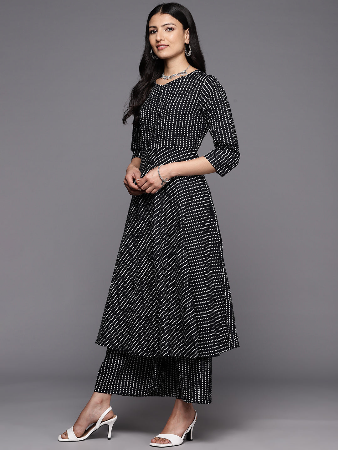 KSUT (House of Varanga) Black And White Cotton Printed Anarkali Kurta Paired With Palazzo And Chiffon Dupatta - Distacart