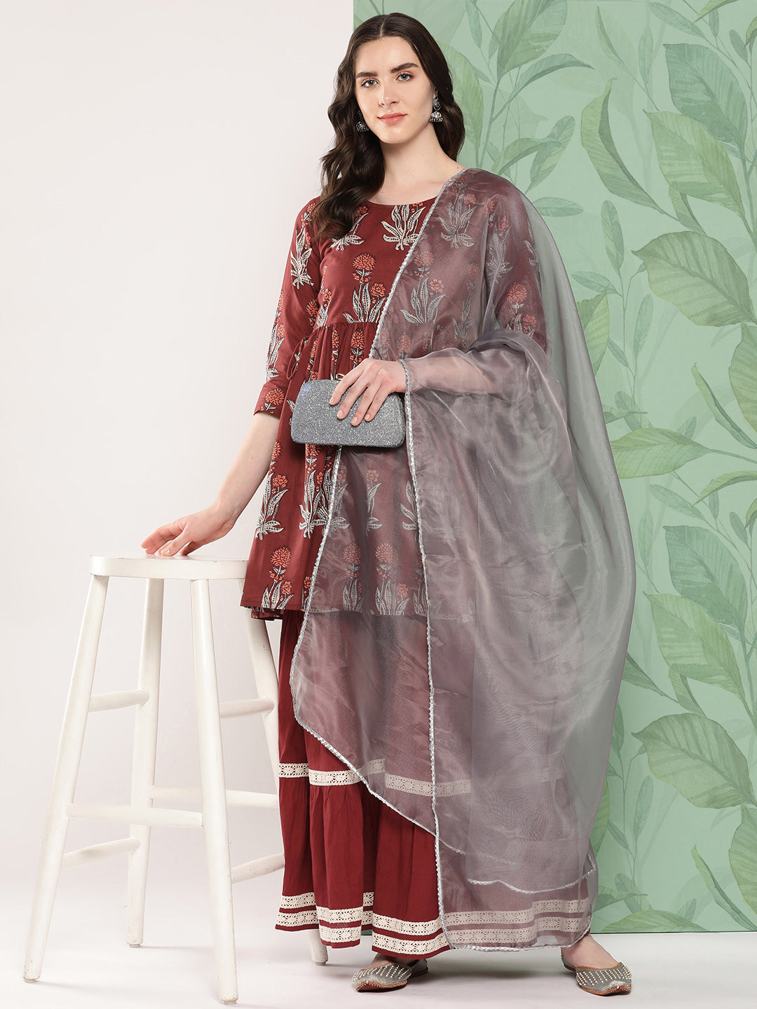 InWeave Women's Brick Rust Boota Sharara Set With Dupatta - Distacart