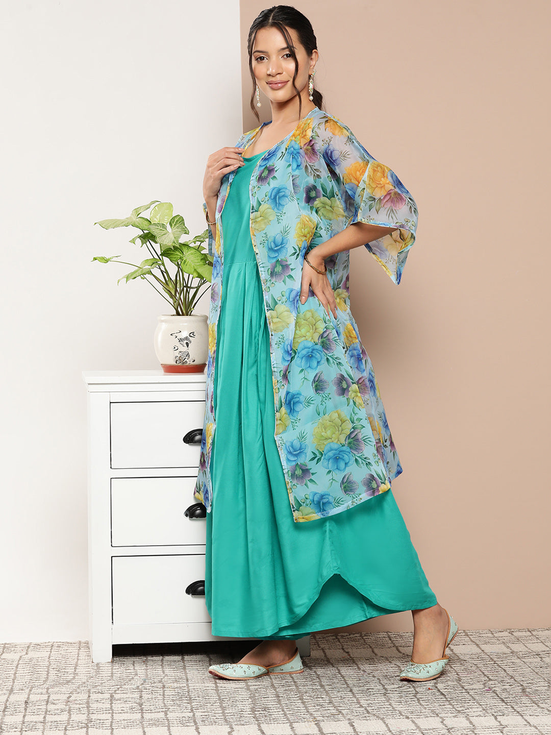 InWeave Women's Teal Blue Strappy Set With Blue Yellow Floral Cape - Distacart