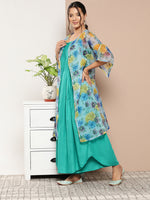 Thumbnail for InWeave Women's Teal Blue Strappy Set With Blue Yellow Floral Cape - Distacart