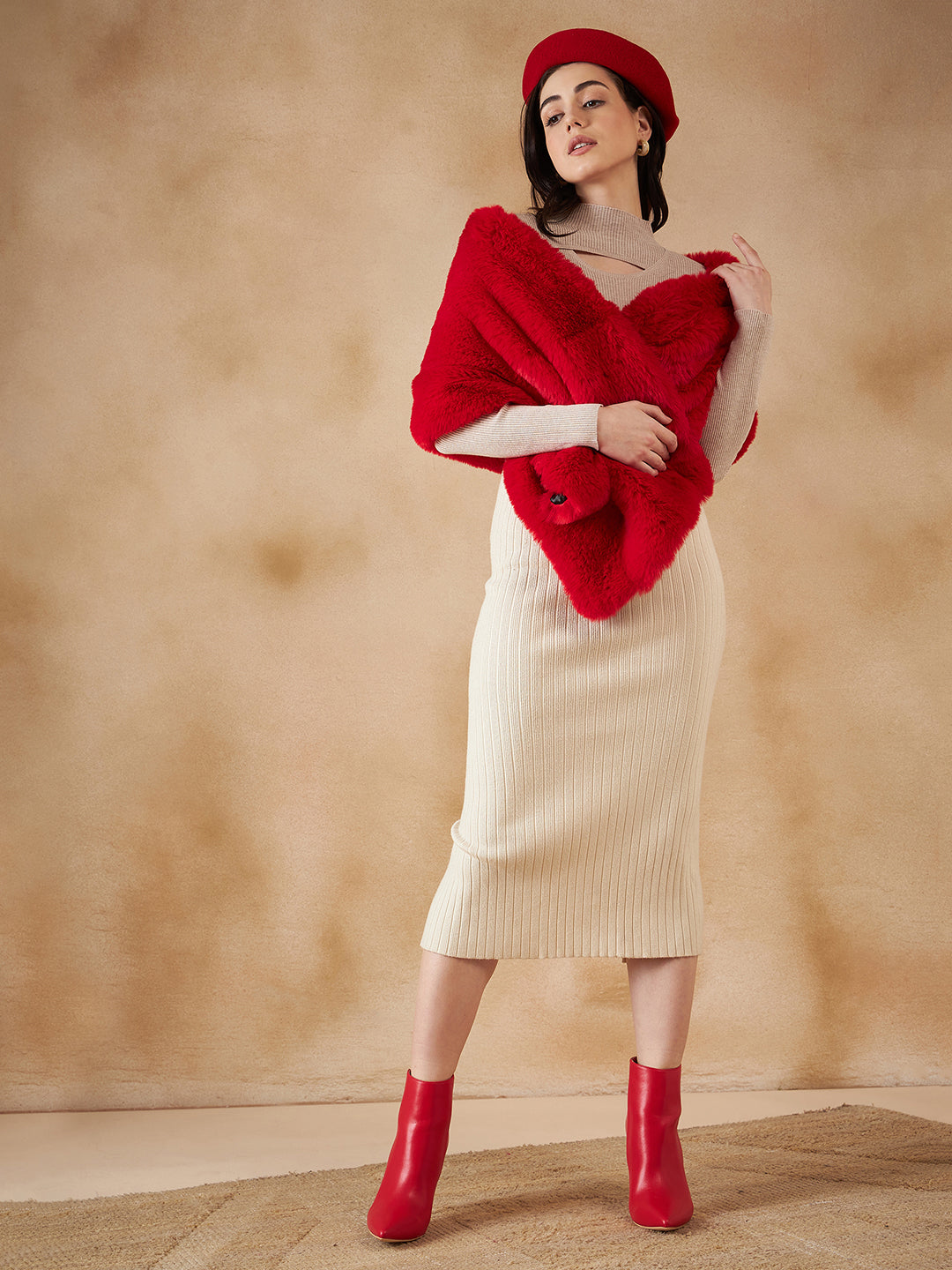 InWeave Women's Cherry Red Long Faux Fur Cape - Distacart
