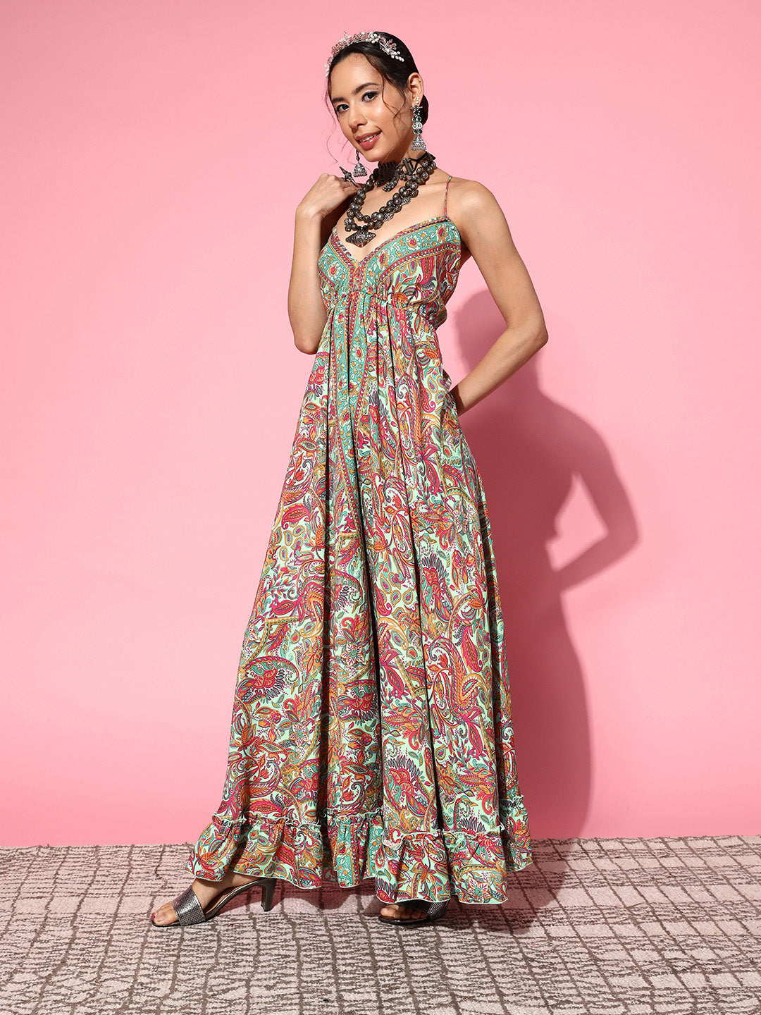 InWeave Women's Green Paisley Print Back Detail Long Dress - Distacart