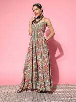 Thumbnail for InWeave Women's Green Paisley Print Back Detail Long Dress - Distacart