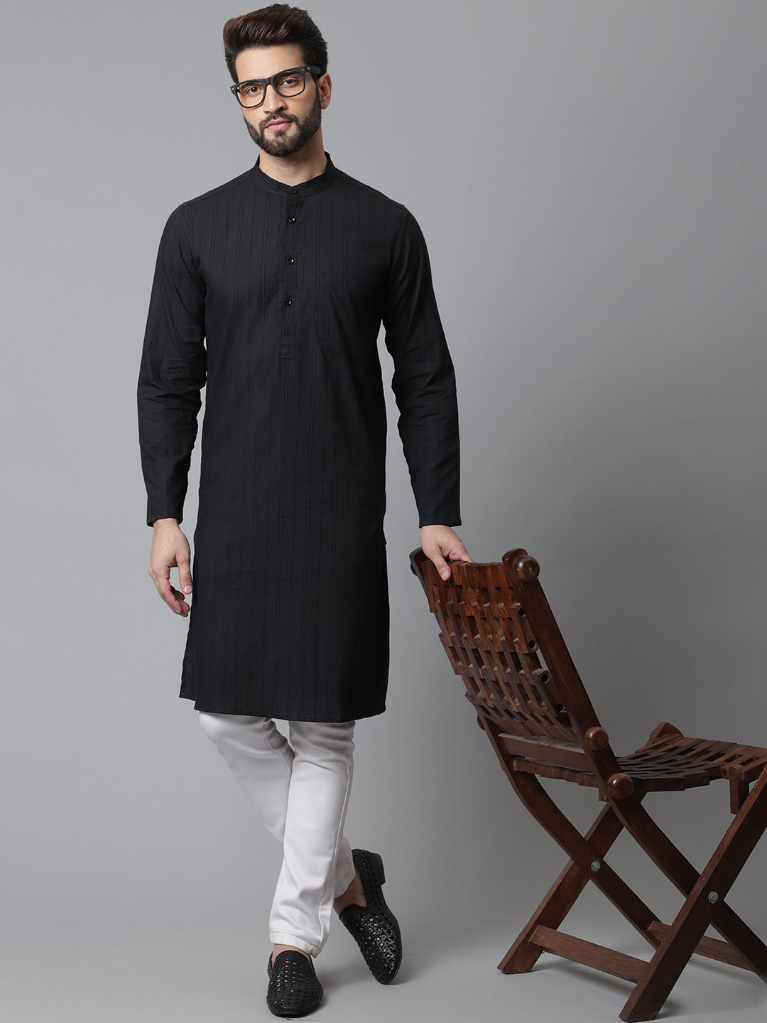 Even Apparels Black Striped Kurta With Band Collar - Distacart