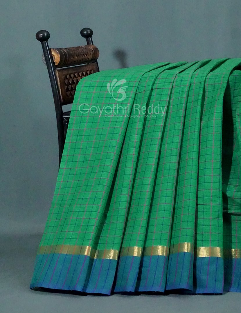 Rama Green With Checks Pure Mangalgiri Cotton Saree By Gayathri Reddy Designer Studio - Distacart