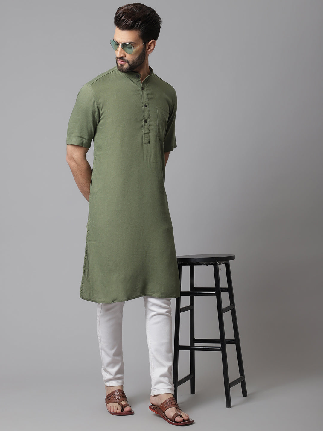 Even Apparels Green Pure Cotton Kurta With Band Collar - Distacart