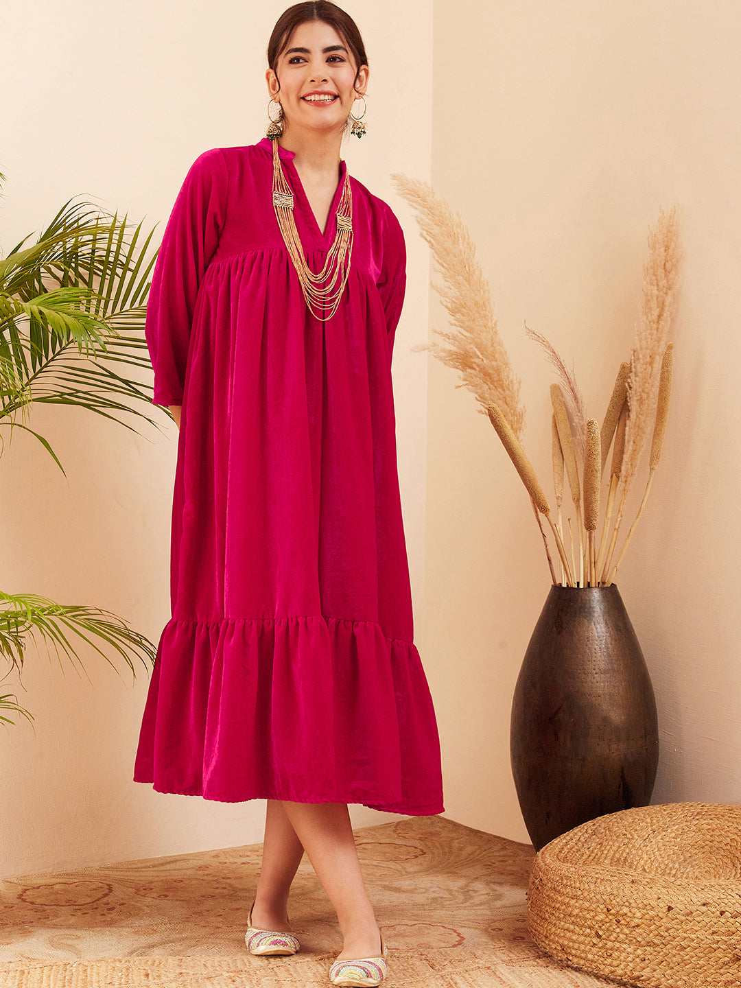 InWeave Women's Fuchsia Velvet Manderia V Neck Flared Dress - Distacart