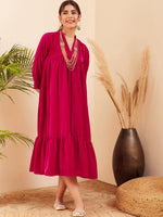 Thumbnail for InWeave Women's Fuchsia Velvet Manderia V Neck Flared Dress - Distacart